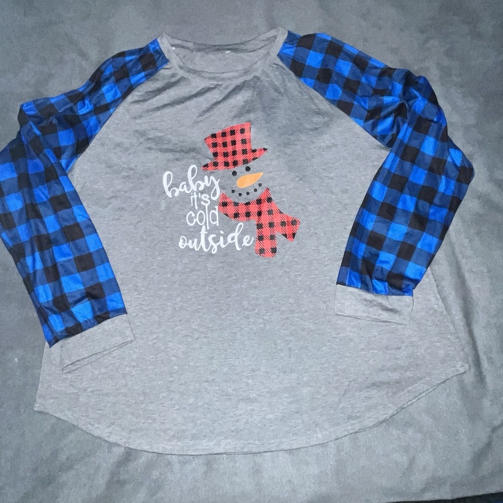 Woman's Plus Christmas Snowman Baby It's Cold Blue Plaid Shirt 5X-fits Like 2/3x